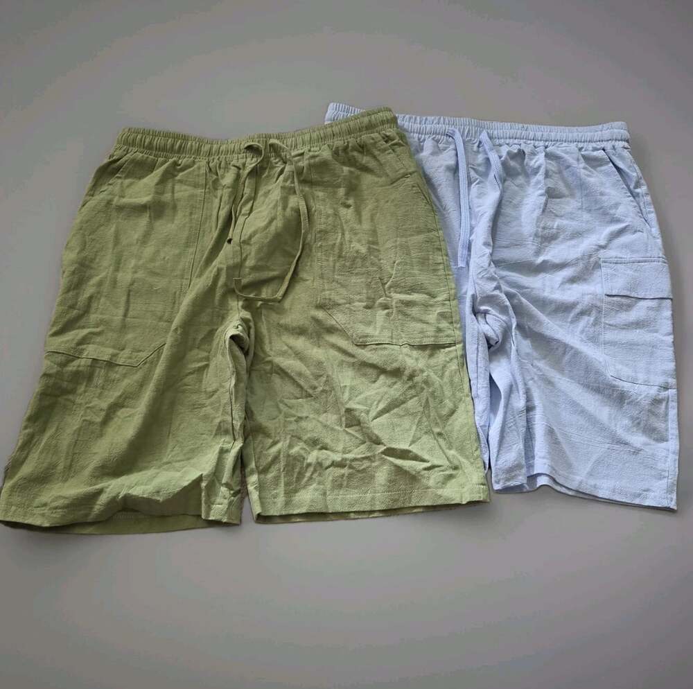 Linen Cargo Shorts 2XL Bundle of 2 Green & Blue Drawstring Casual Beach Summer